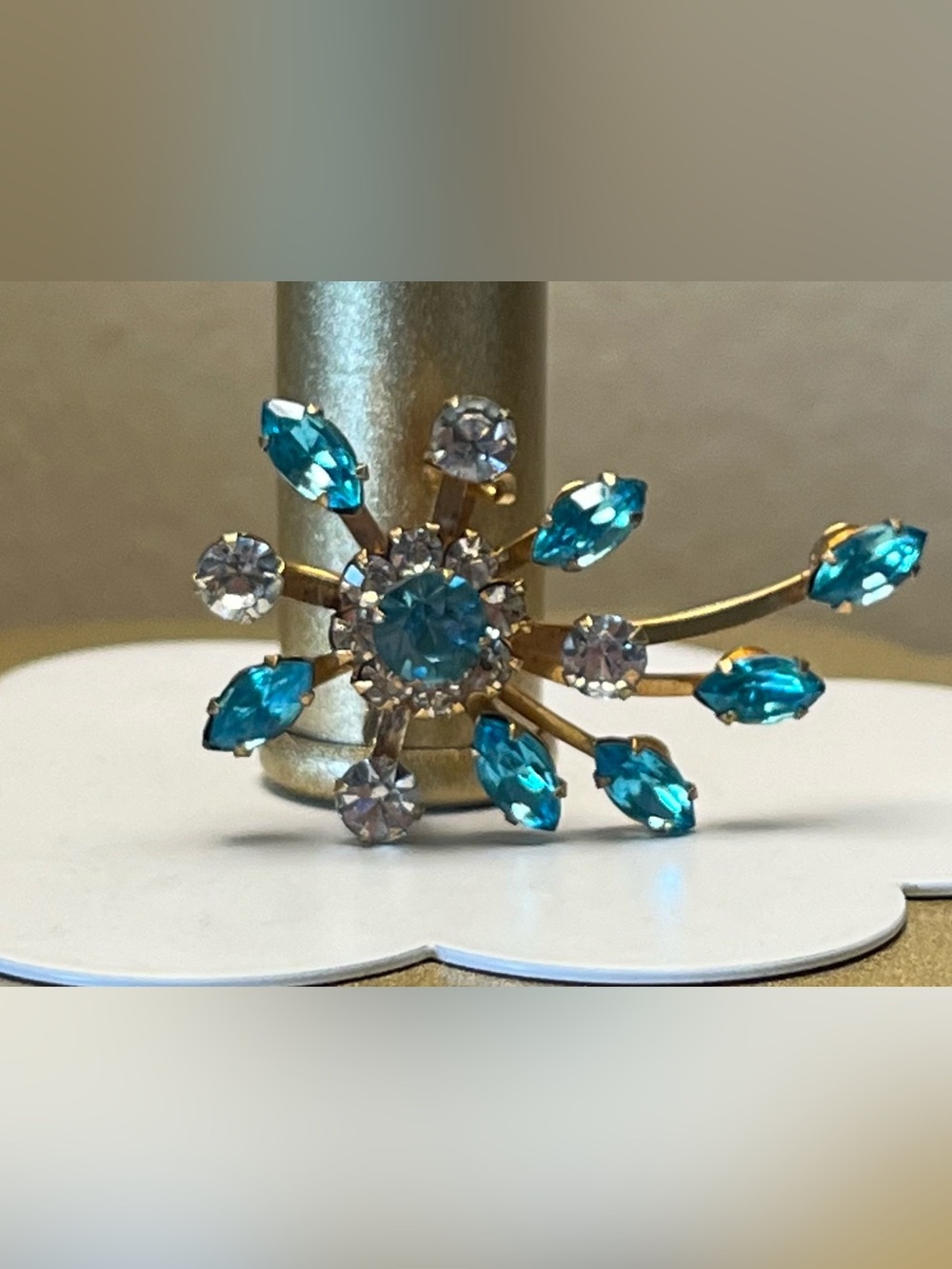Vintage Gold tone Turquoise Crystal Burst Brooch/ Pendant